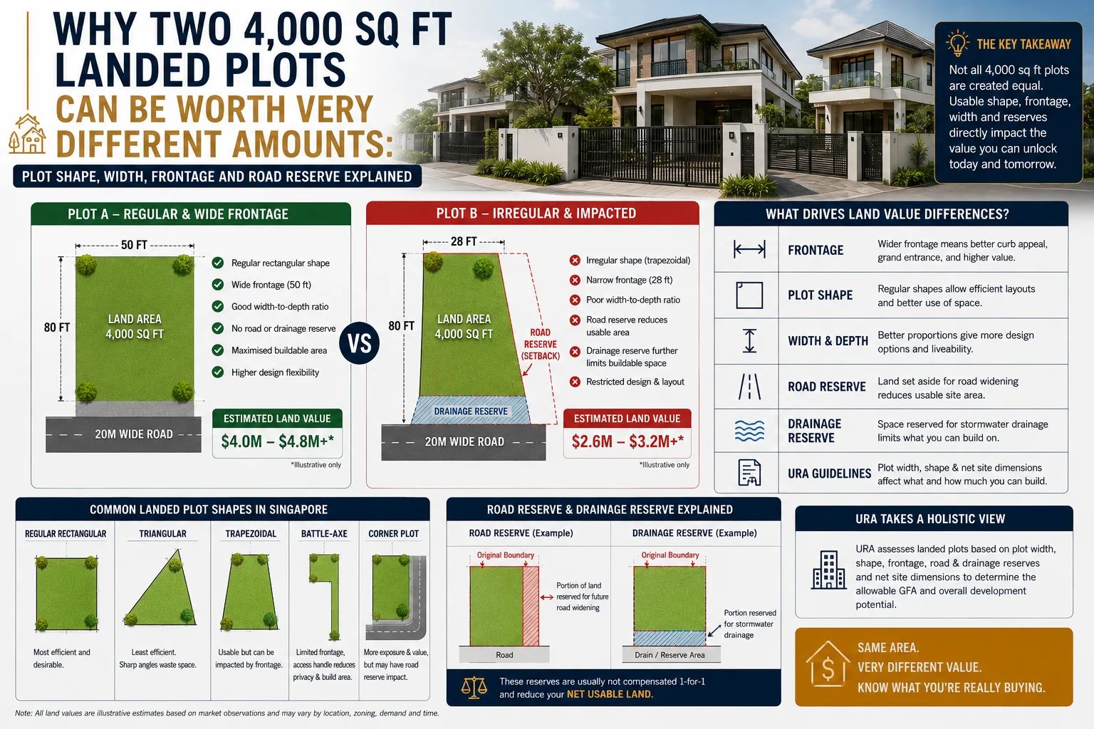 Why Two 4,000 Sq Ft Landed Plots Can Be Worth Very Different Amounts: Plot Shape, Width, Frontage and Road Reserve Explained